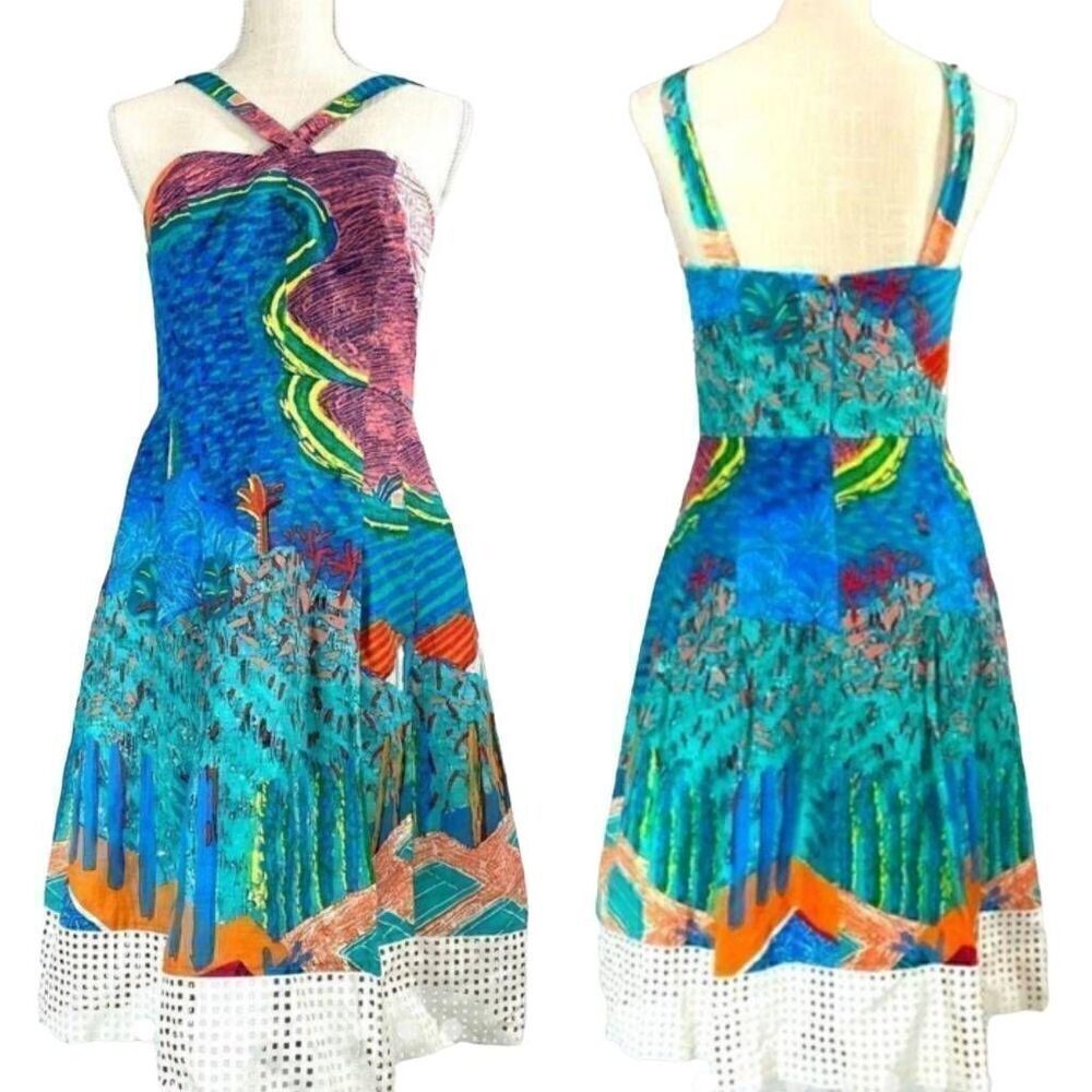 Tracy Reese David Hockney Mulholland Drive Art Print Dress Size 2 Silk Linen Ble